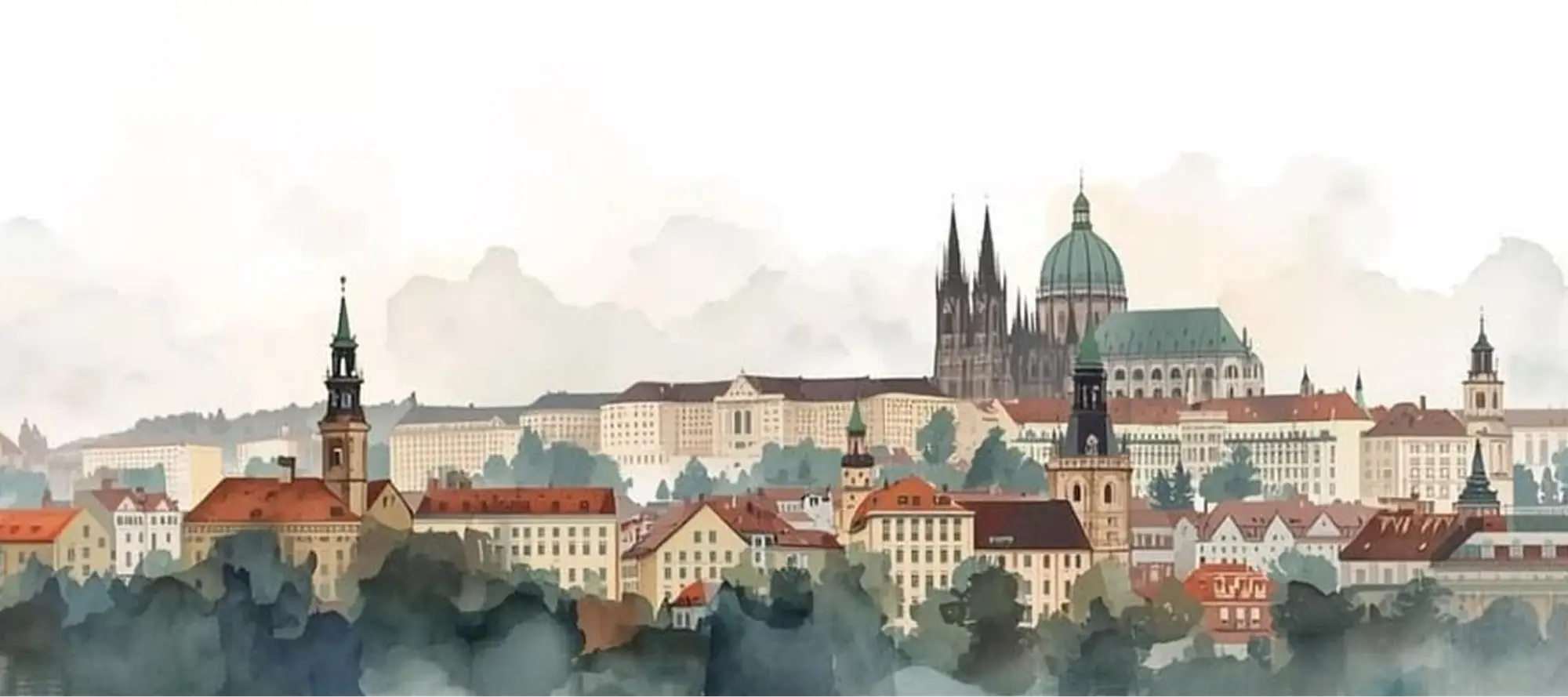 Watercolour illustration of the Prague skyline